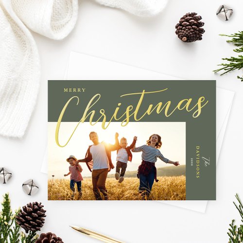 Merry Christmas Modern Green Gold Script Photo Foil Holiday Card