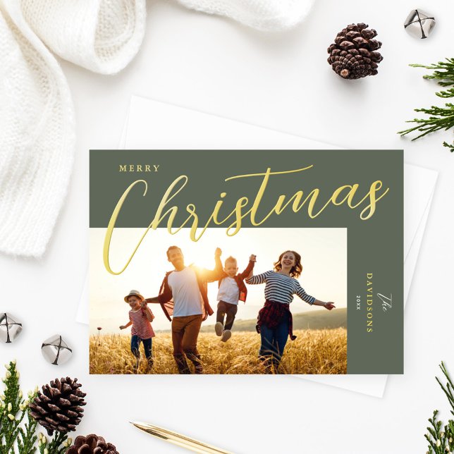 Merry Christmas Modern Green Gold Script Photo Foil Holiday Card (Creator Uploaded)