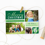 Merry Christmas Modern Green Initial Photo Collage Holiday Card<br><div class="desc">Modern "Merry Christmas" collage template features three (3) photo spaces,  custom text and monogram initial that can be personalized for your family,  shades of green,  and striped / dotted pattern accents.</div>