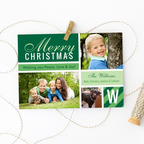 Merry Christmas Modern Green Initial Photo Collage Holiday Card
