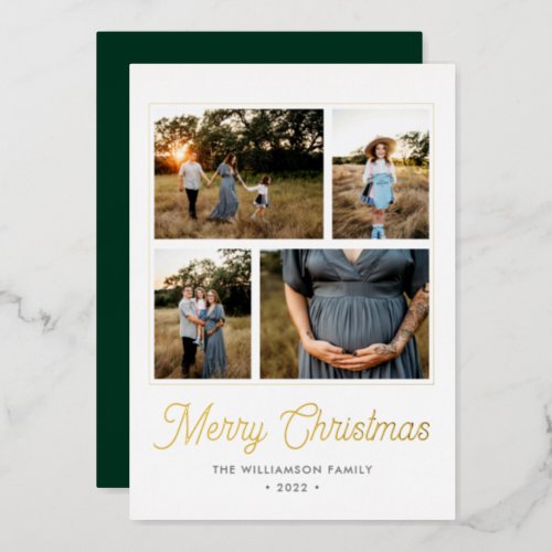 Merry Christmas Modern Green Script 4 Photo Gold Foil Holiday Card