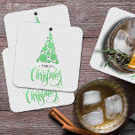 Merry Christmas Modern Green Tree Holiday Square Paper Coaster<br><div class="desc">Christmas tree of green balls and black stars and the greeting MERRY CHRISTMAS are featured on a light gray background is features on these heavy paper coasters. MATCHING items in our collection.</div>