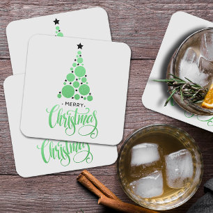 Merry Christmas Modern Green Tree Holiday Square Paper Coaster