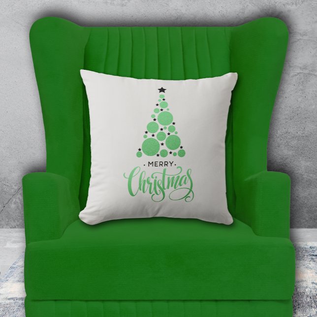 Merry Christmas Modern Green Tree Holiday Throw Pillow (PIllow with Merry Christmas and modern green Christmas tree on pale gray background. Choose size. )