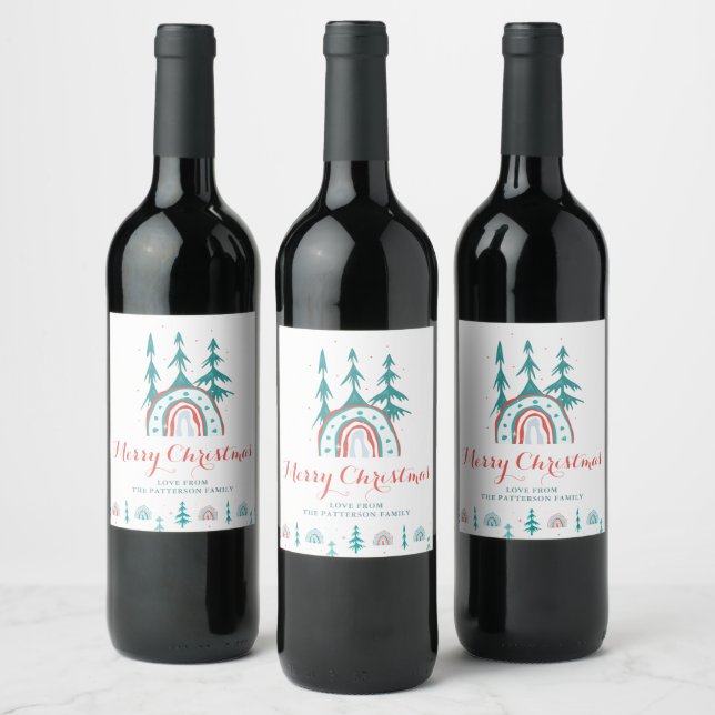 Merry Christmas Modern Holiday Rainbow Trees Wine Wine Label (Bottles)