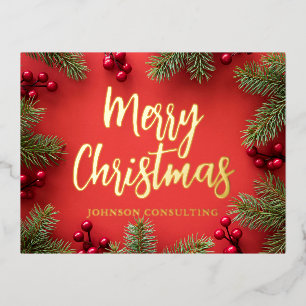 Merry Christmas Modern Holly Berries Pine Needles Foil Holiday Postcard