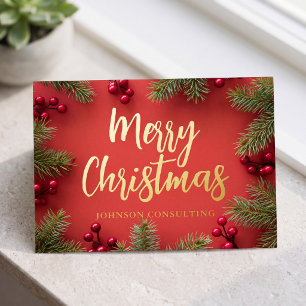Merry Christmas Modern Holly Berries Pine Needles Foil Holiday Postcard