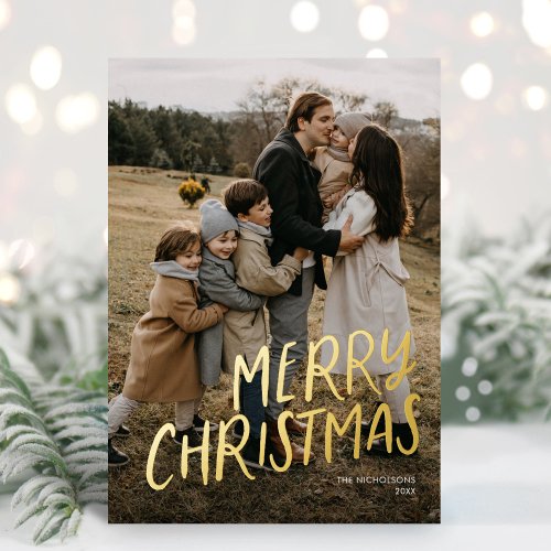 Merry Christmas Modern Lettering Simple One Photo Foil Holiday Card