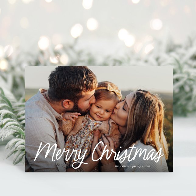 Merry Christmas Modern Lettering Simple One Photo Holiday Card (Creator Uploaded)