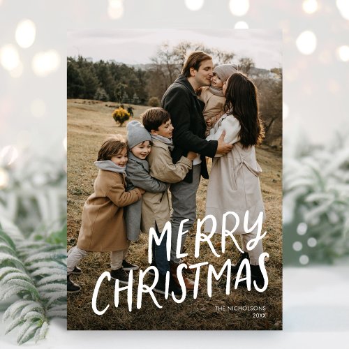 Merry Christmas Modern Lettering Simple One Photo Holiday Card