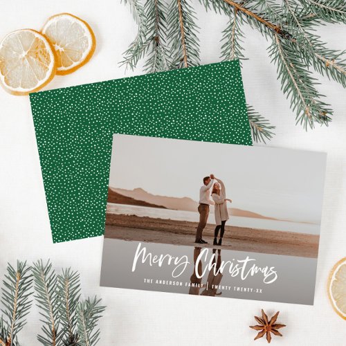 Merry Christmas modern minimal 1 photo green Holiday Card