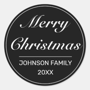 Merry Christmas Modern Minimalist Black White Classic Round Sticker