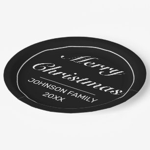 Merry Christmas Modern Minimalist Black White Paper Plates