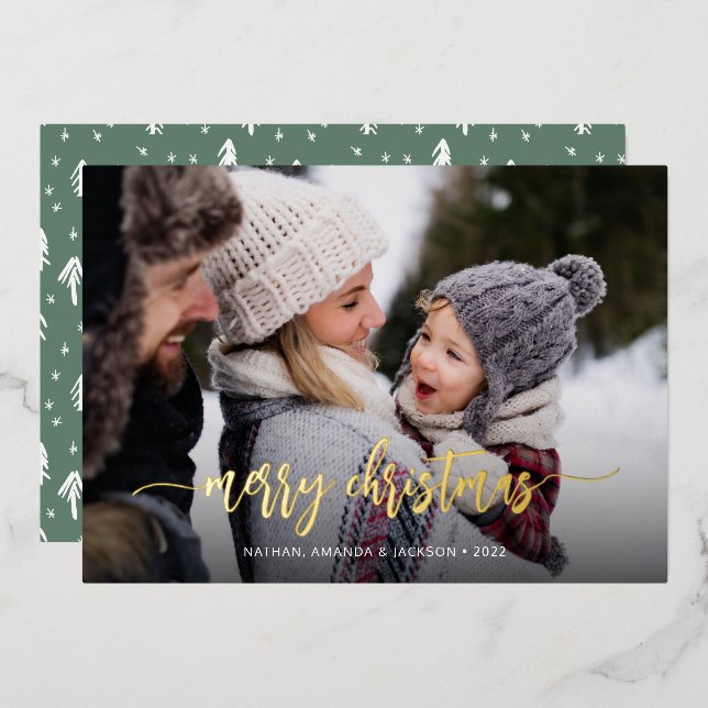 Merry Christmas Modern One Photo Foil Holiday Card (Front/Back)