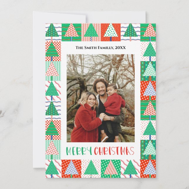 Merry Christmas Modern Patchwork Christmas Trees Card (Front)