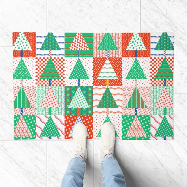 Merry Christmas Modern Patchwork Christmas Trees Doormat (Indoor)