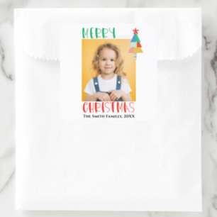 Merry Christmas Modern Patchwork Christmas Trees Square Sticker