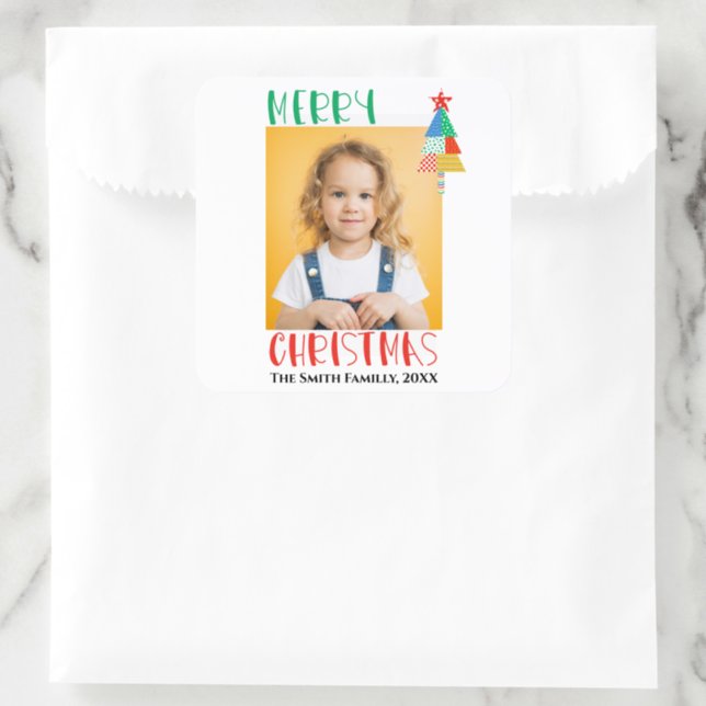Merry Christmas Modern Patchwork Christmas Trees Square Sticker (Favor Bag)