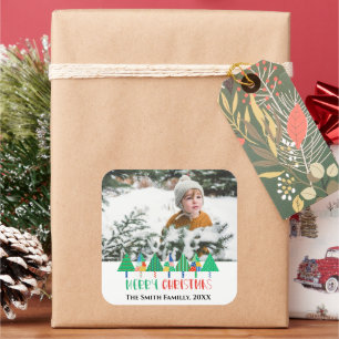 Merry Christmas Modern Patchwork Christmas Trees Square Sticker