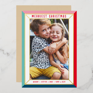 MERRY CHRISTMAS modern photo bold color border Foil Holiday Card