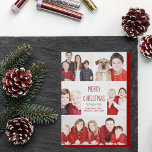 Merry Christmas Modern Photo Collage Cute Red Card<br><div class="desc">This cute,  trendy Merry Christmas card features a modern layout of 5 family photos on a white background with red typography. This beautiful photo holiday card features your own photograph collage surrounding your message and family name in green.</div>