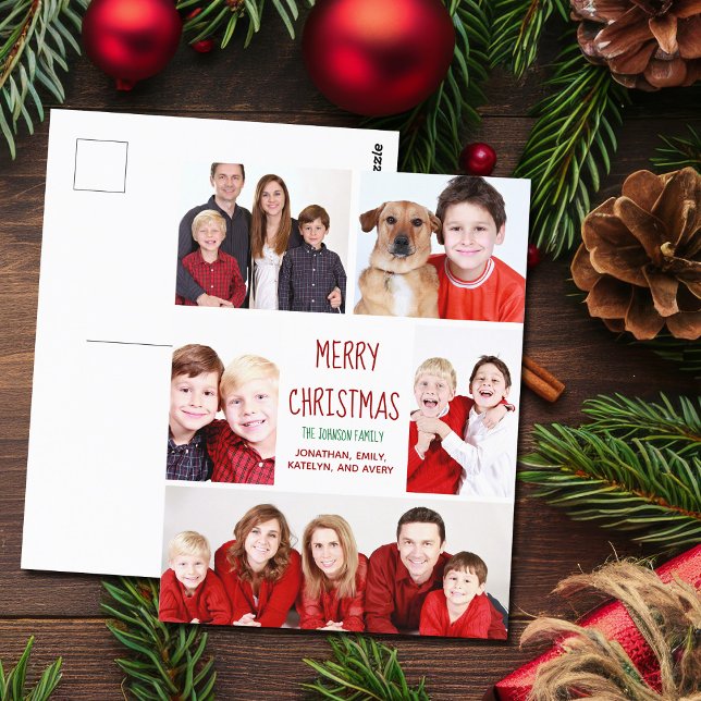 Merry Christmas Modern Photo Collage Cute Red Postcard (Creator Uploaded)