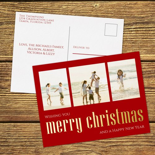 Merry Christmas Modern Photo Collage Foil Holiday Postcard