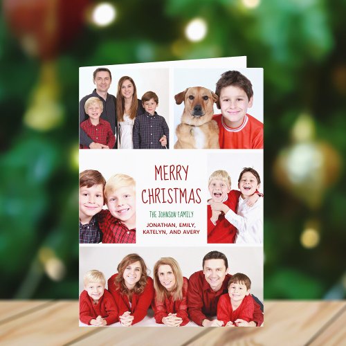 Merry Christmas Modern Photo Collage Red Folded Holiday Card