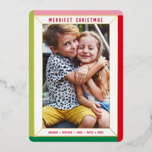 MERRY CHRISTMAS modern photo color block border Foil Holiday Card