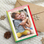 MERRY CHRISTMAS modern photo color block border Holiday Card<br><div class="desc">by kat massard >>> WWW.SIMPLYSWEETPAPERIE.COM <<<
An cute card design that looks like a festive jewel with large portrait family photo,  and plain colour on the backside,  giving you the opportunity to handwrite a personal message.</div>