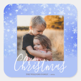 Merry Christmas Modern Photo Snowy Winter Purple Square Sticker