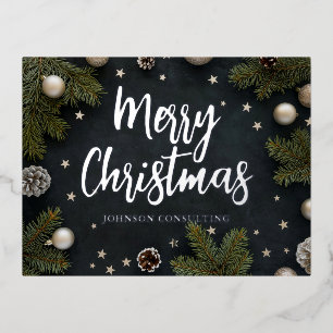 Merry Christmas Modern Pine Ornaments Stars Foil Holiday Postcard