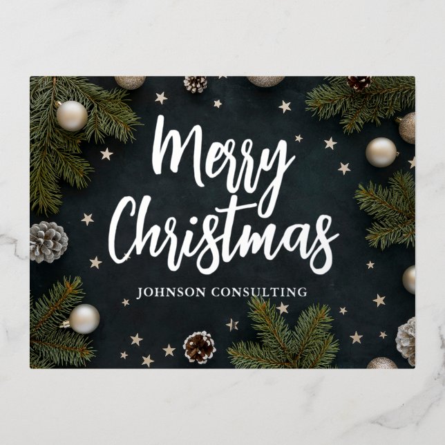 Merry Christmas Modern Pine Ornaments Stars Foil Holiday Postcard (Front)