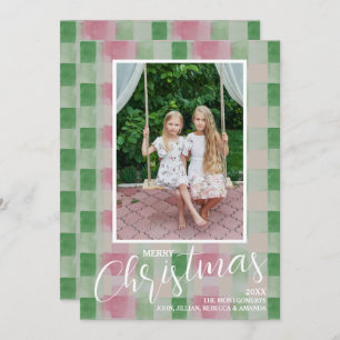Merry Christmas Modern Pink and Green Plaid Photo Holiday Card