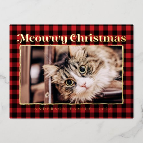 Merry Christmas Modern Plaid Funny Pet Cat Photo Foil Holiday Postcard