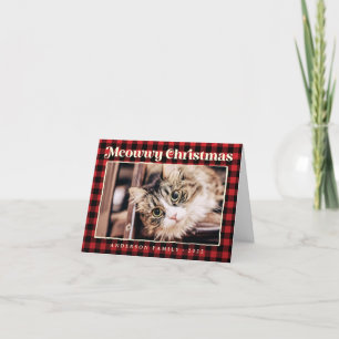 Merry Christmas Modern Plaid Funny Pet Cat Photo Holiday Card