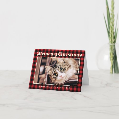 Merry Christmas Modern Plaid Funny Pet Cat Photo Holiday Card