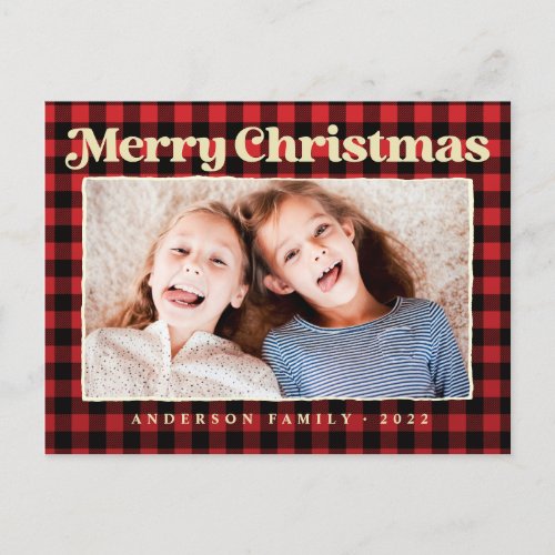 Merry Christmas Modern Plaid Pattern Family Photo Holiday Postcard