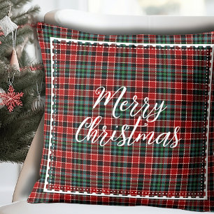 Merry Christmas Modern Plaid Script Throw Pillow