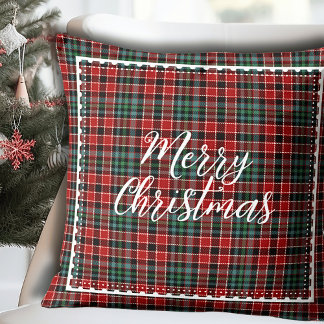 Merry Christmas Modern Plaid Script Throw Pillow