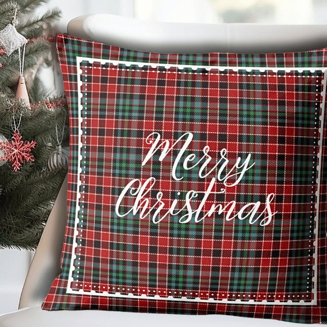 Merry Christmas Modern Plaid Script Throw Pillow (Merry Christmas Modern Plaid Script Throw Pillow.)