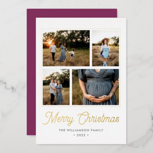 Merry Christmas Modern Purple Script 4 Photo Gold Foil Holiday Card