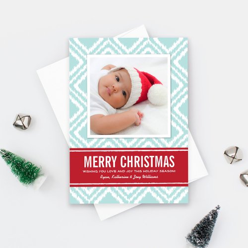 Merry Christmas Photo Card | Red and Blue Ikat