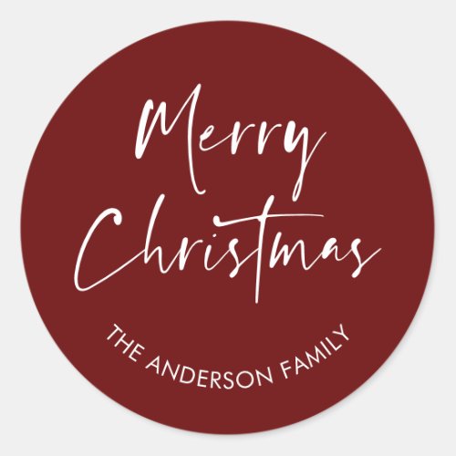 Merry Christmas Modern Red Calligraphy Family Classic Round Sticker
