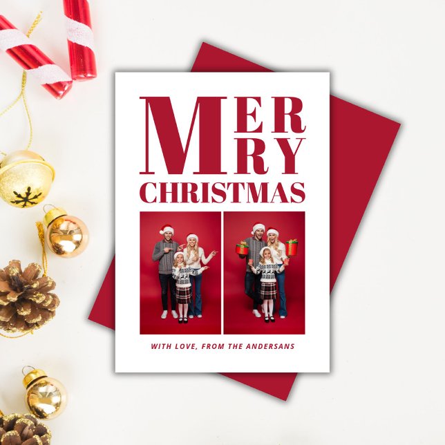 Merry Christmas Modern Red Family 2 Photo Collage Holiday Card (Merry Christmas Red Family Photos Holiday Card)