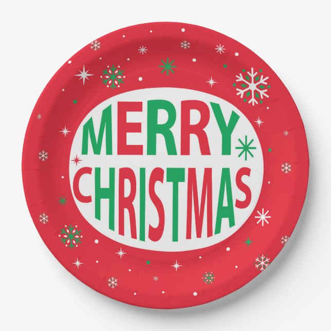 Merry Christmas Modern Red Festive Holiday Paper Plates (Front)
