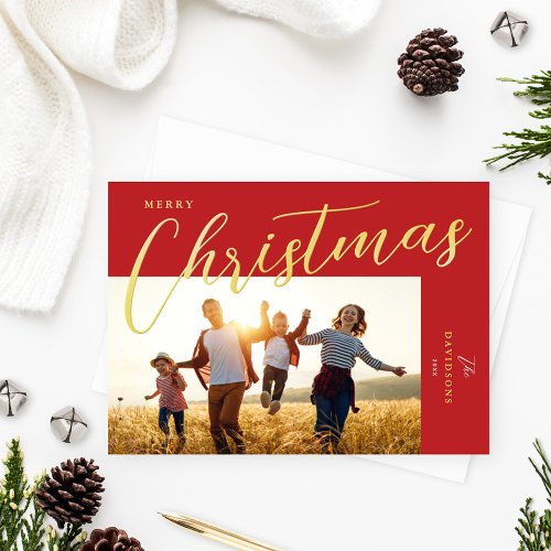 Merry Christmas Modern Red Gold Script Photo Foil Holiday Card