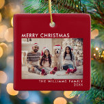 Merry Christmas Modern Red Holiday Ceramic Ornament<br><div class="desc">Modern Holiday Photo Merry Christmas,  Features simple minimal font Merry Christmas. Personalize with your family name and year.</div>