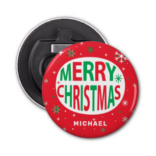 Merry Christmas Modern Red Holiday Personalized Bottle Opener
