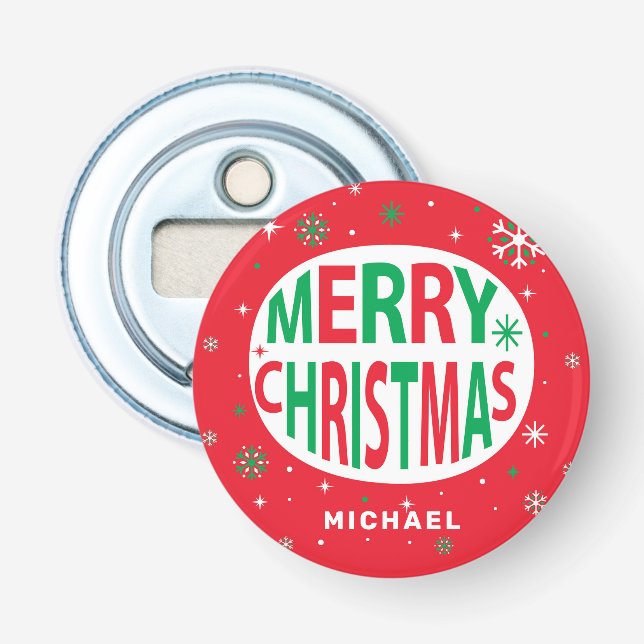 Merry Christmas Modern Red Holiday Personalized Bottle Opener (Front)